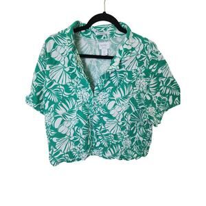 Women's Nicole Miller green and white tropical linen button up top